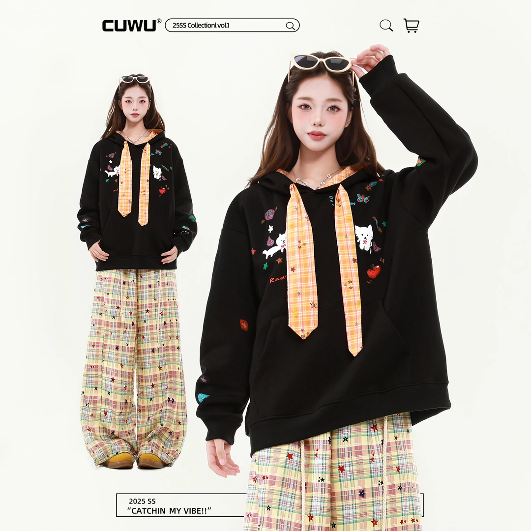 cuwu格纹绑带小猫印花连帽卫衣女男秋季韩系宽松慵懒chic帽衫外套