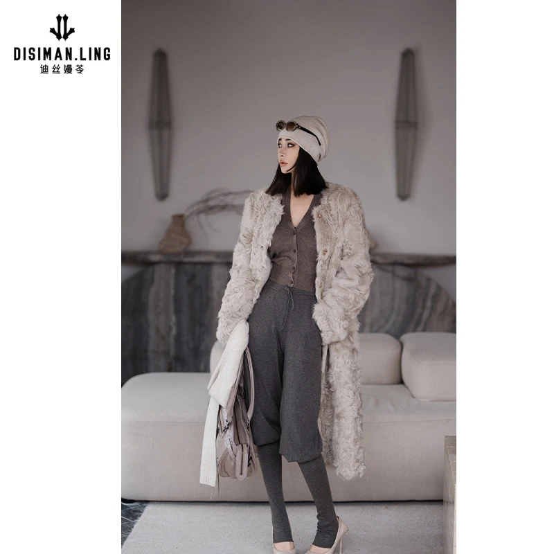 【迪丝嫚苓】100%羊毛革杏色外套时尚皮毛一体原创设计优雅秋冬保暖