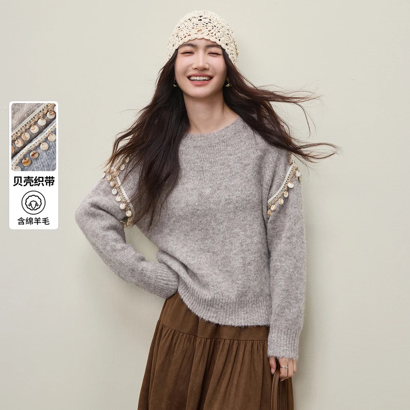 优雅通勤波西米亚贝壳织带圆领软糯弹力厚保暖毛衣