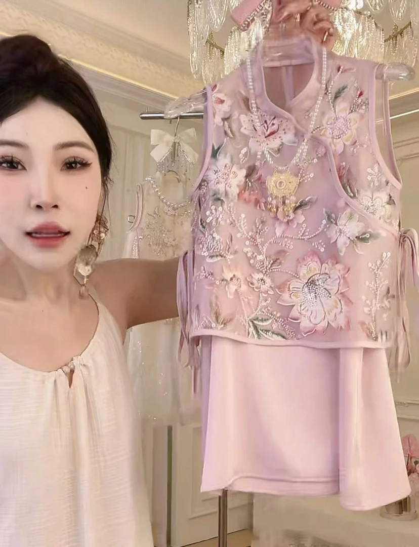 女童夏季套装国风重工提花中式旗袍2025新款汉服马甲吊带裙两件套