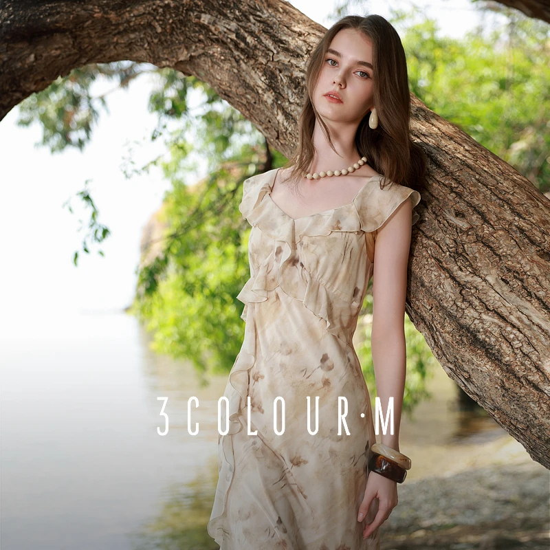 三彩2025夏季新款流光风荷叶边连衣裙法式收腰A字裙鱼尾长裙浪漫M