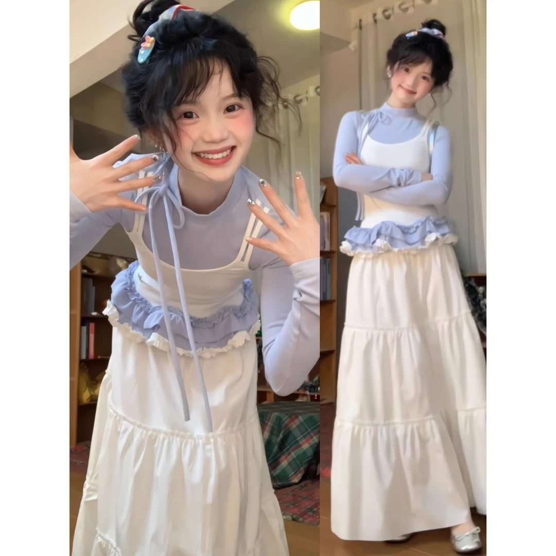 「Rainysonal雨季」假两件抽褶花边针织衫女春季修身显瘦长袖上衣