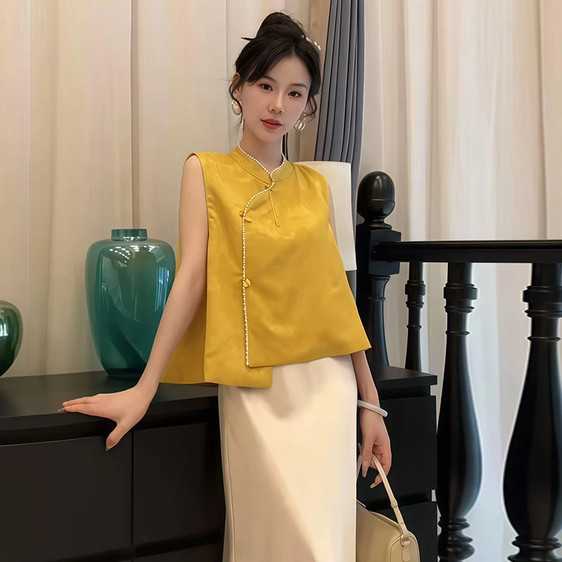 夏季新中式国风斜襟马甲女时尚气质复古百搭显瘦气质上衣女马夹潮