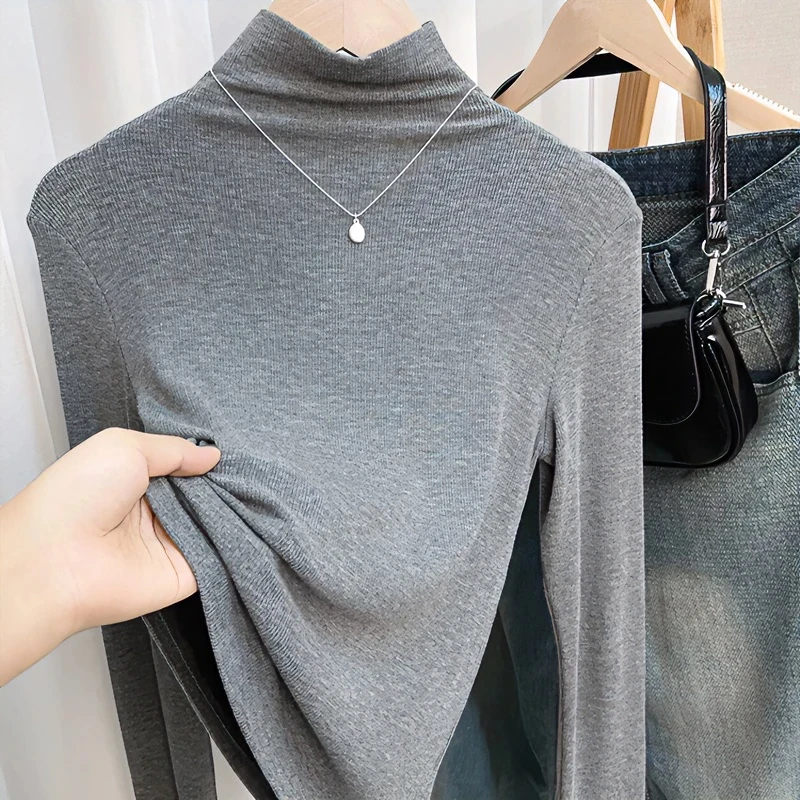 气质半高领长袖打底衫女秋冬季新款内搭新款修身显瘦灰色螺纹上衣