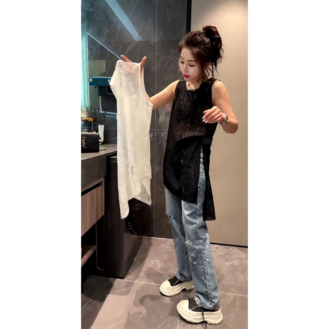 欧货时尚碎花提花开叉叠穿无袖打底蕾丝背心裙