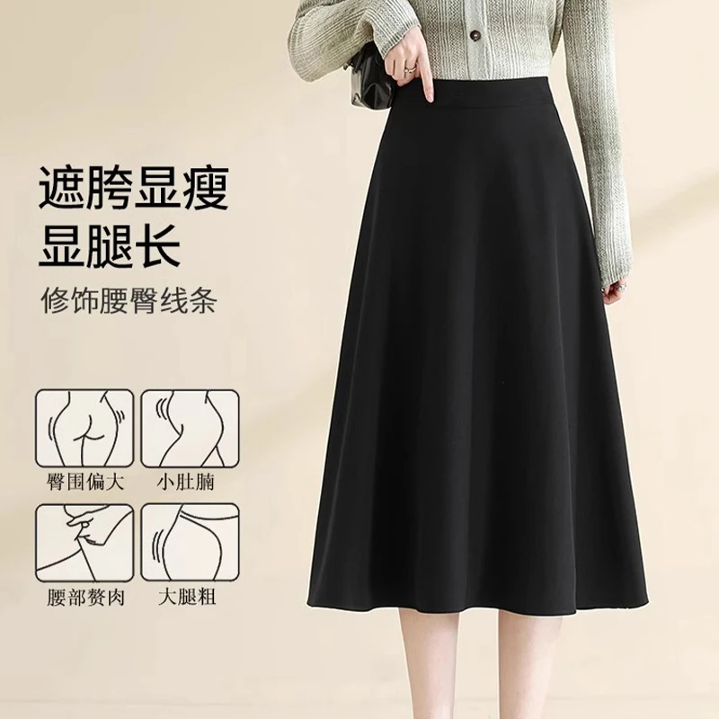 拉夏贝尔黑色伞裙半身裙女2025春秋高腰大摆百褶裙垂感a字西装裙