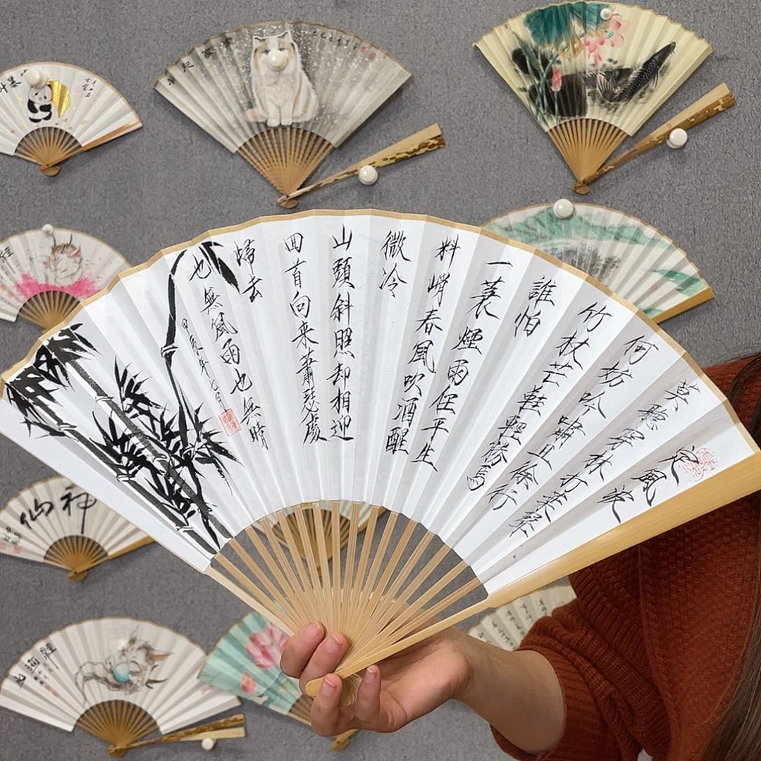 书法95寸玉竹-纯手绘-文玩扇骨（默认粘好）