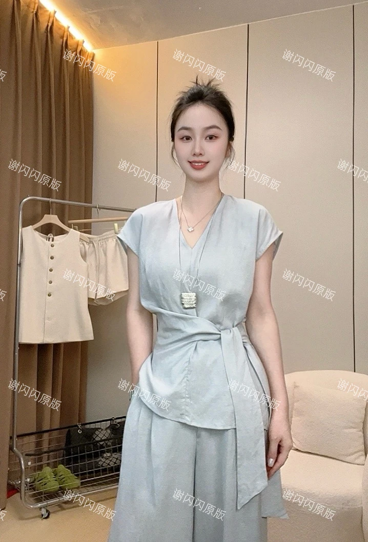 韩系 V 领小飞袖收腰设计感绑带小衫+高腰阔腿裤两件套