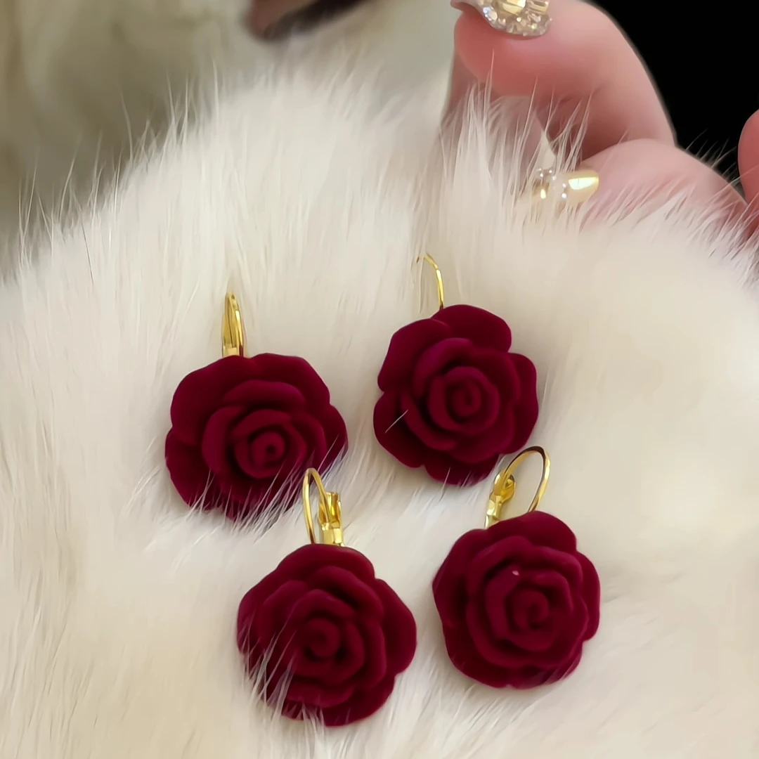 合金树脂耳饰 法式复古植绒红色花朵耳扣式耳环新年元旦温柔耳饰