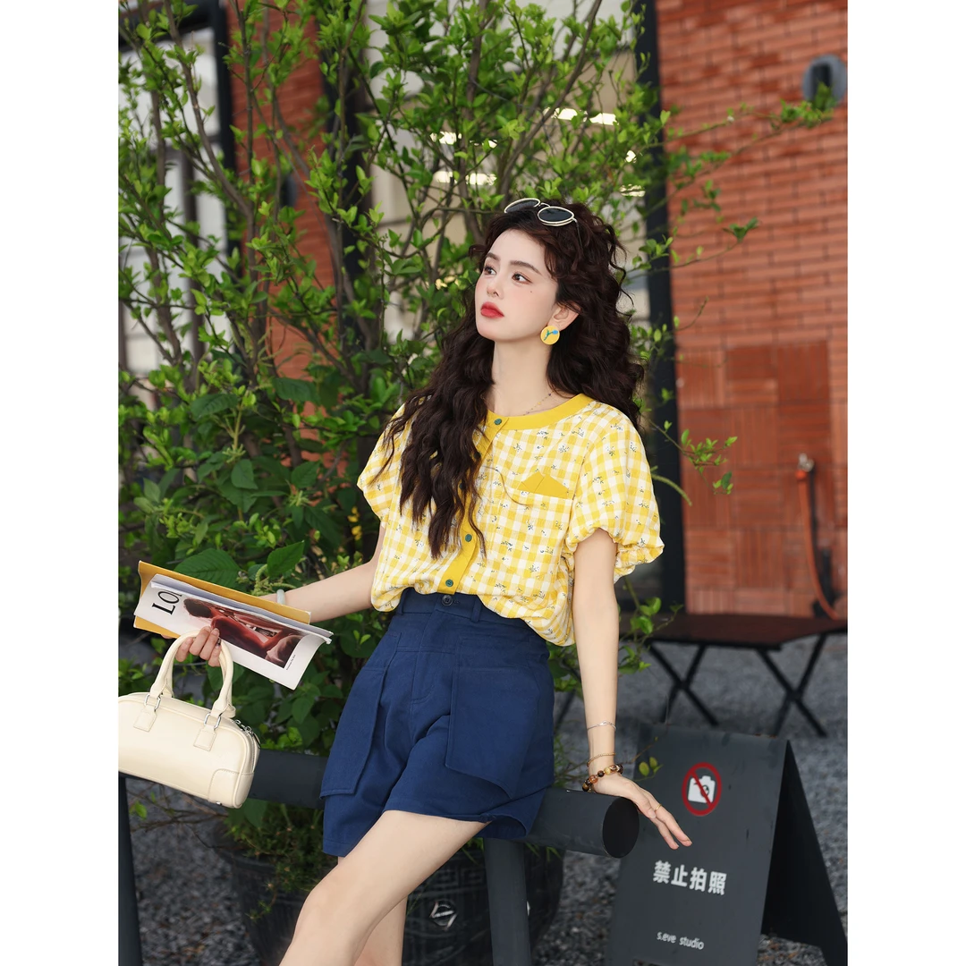 陈大器【芒果冰沙】复古港风格子夏季短袖T恤休闲宽松上衣JK0725470