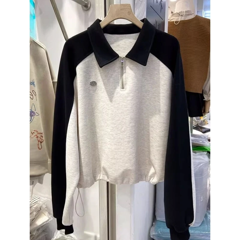 韩式300斤超大码ins撞色拼接翻领卫衣初秋男女复古休闲插肩袖上衣