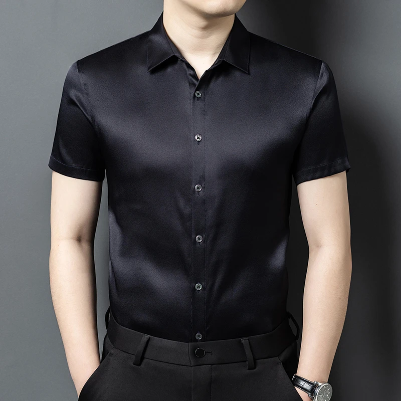 真丝桑蚕丝香云纱高级感重磅丝绸男士短袖衬衫中年高端休闲夏季薄