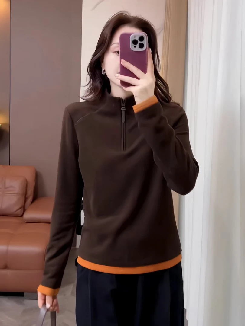 设计感半拉链立领拼色长袖卫衣女2025秋冬新款修身打底衫内搭上衣