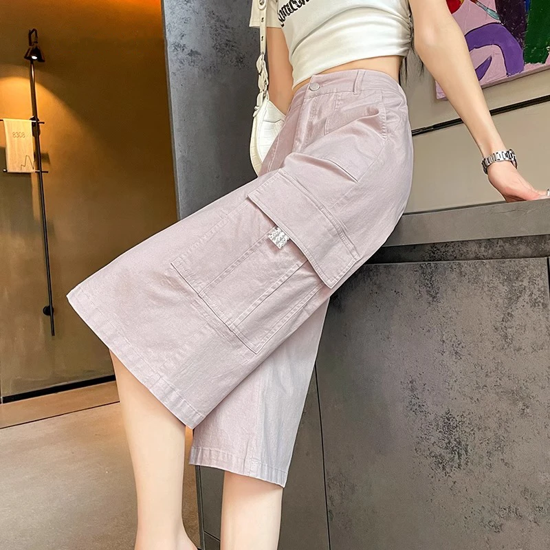 粉色七分工装裤女夏季薄款2025爆款高腰显瘦小个子美式直筒中短裤