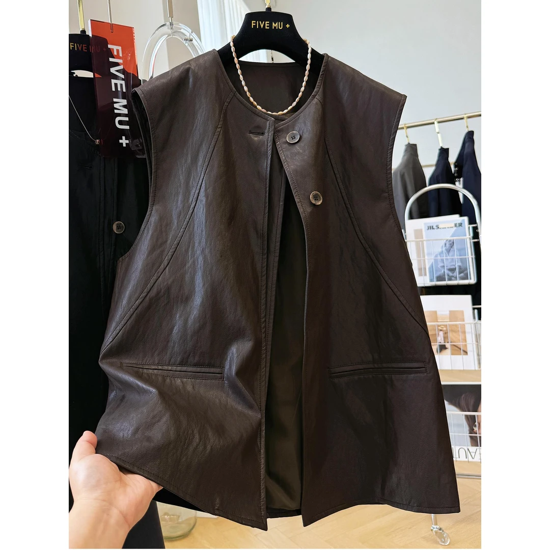 OUTCROP特大码新款高级感设计感圆领无袖皮马甲男秋季背心外套潮