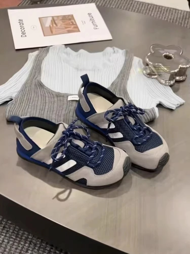 真皮小众设计感内增高德训鞋女夏透气网面拼色户外徒步休闲阿甘鞋