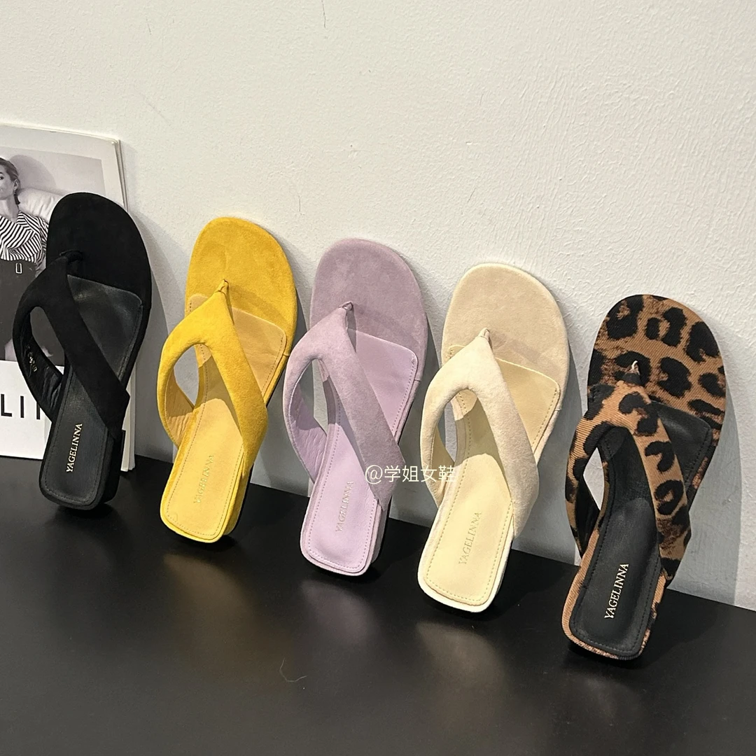 黄色绒面粗跟人字拖女2025新款外穿气质简约软底夹趾凉拖鞋女潮