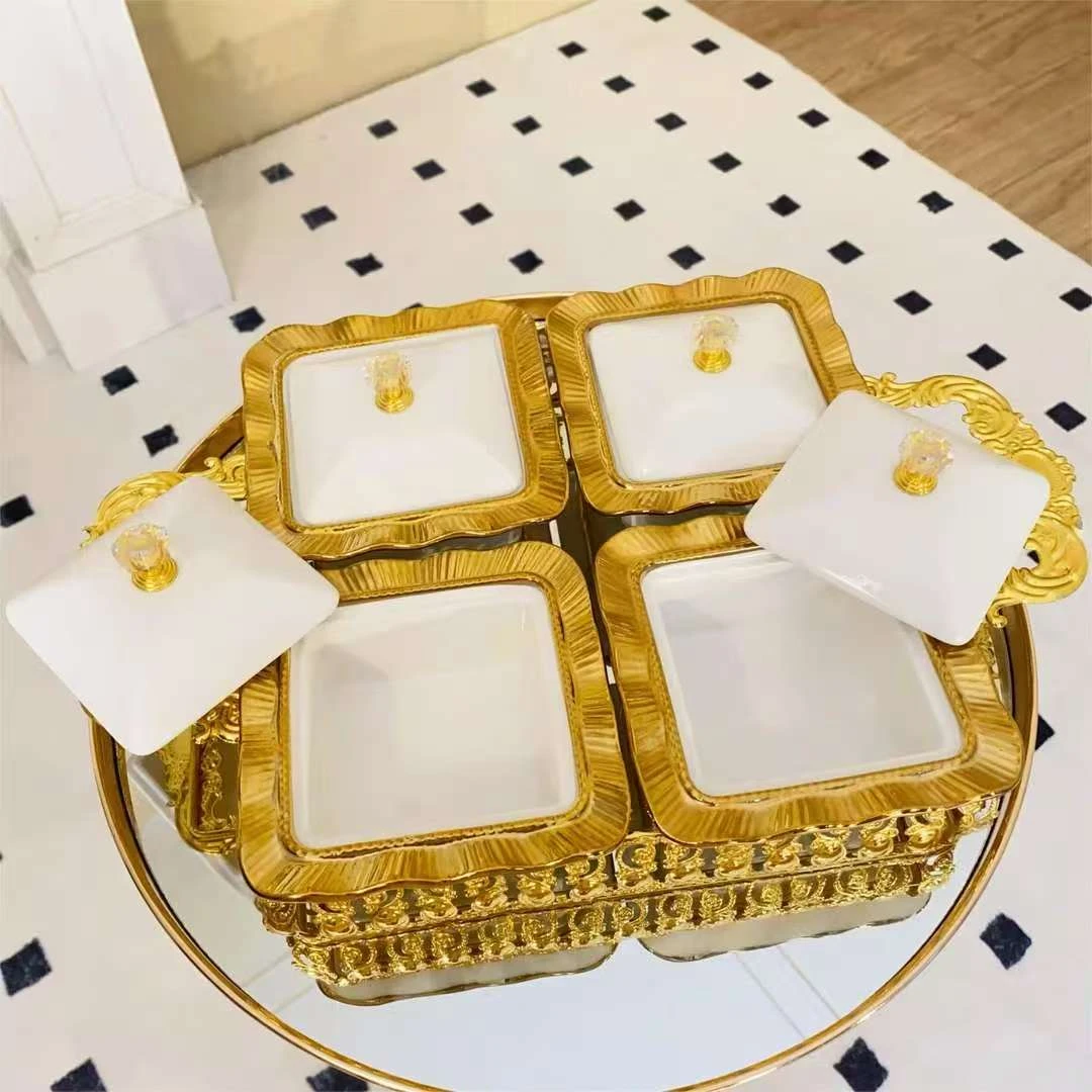 S陶瓷孤品干果盒分格带盖金属水果盘