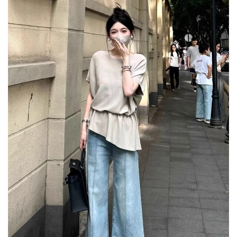 老钱风穿搭法式圆领冰丝短袖针织衫女夏季收腰显瘦设计感半袖上衣