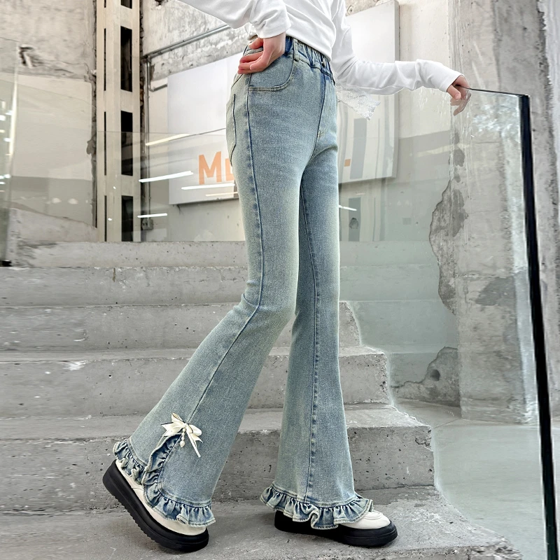 女童春季牛仔裤2025新款洋气时尚蝴蝶结花边喇叭裤6-12岁中大童潮