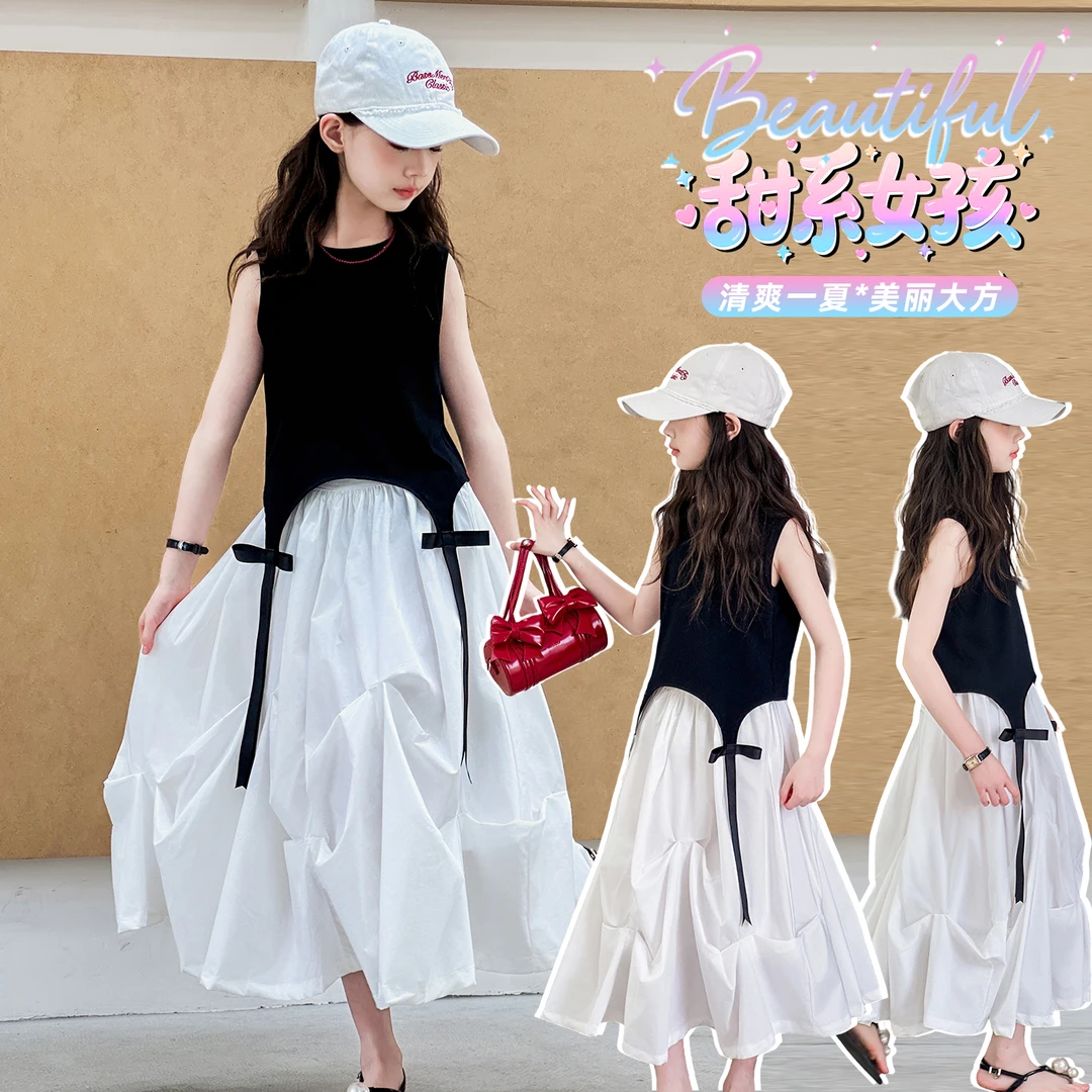 女童夏季套装儿童洋气飘带黑色背心上衣女孩韩范炸街半身裙两件套