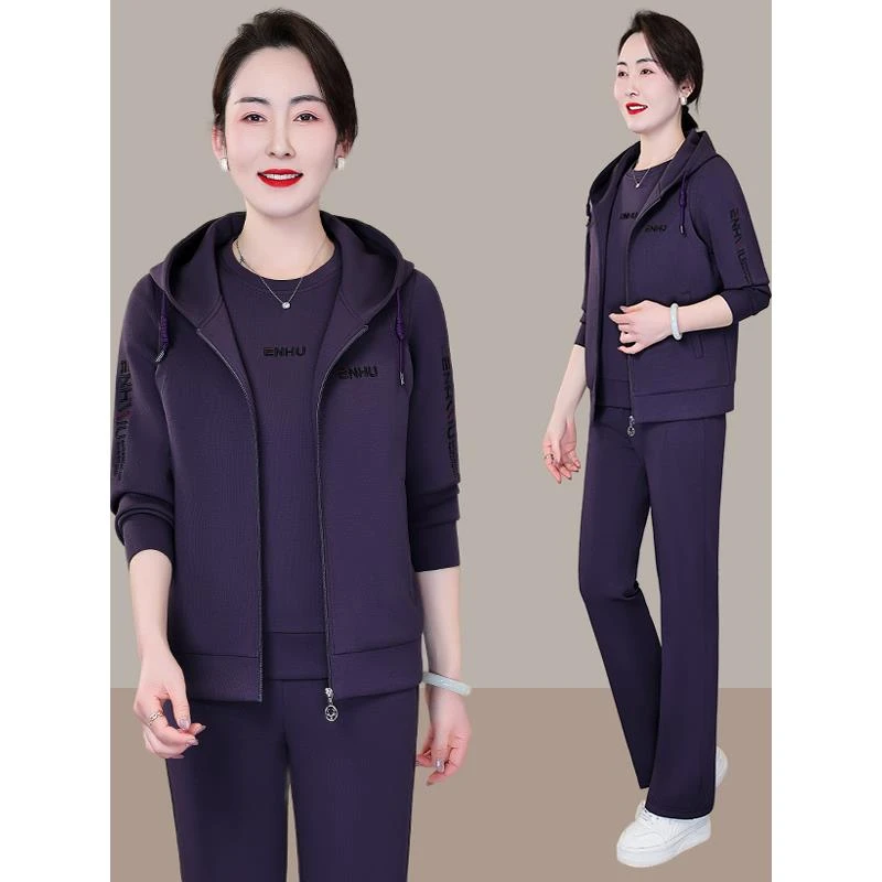恩狐妈妈连帽运动套装2025春秋季三件套洋气休闲服中老年外套女