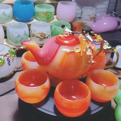 羊脂玉瓷琉璃中式珐琅彩喜上加喜一壶六杯礼盒套装