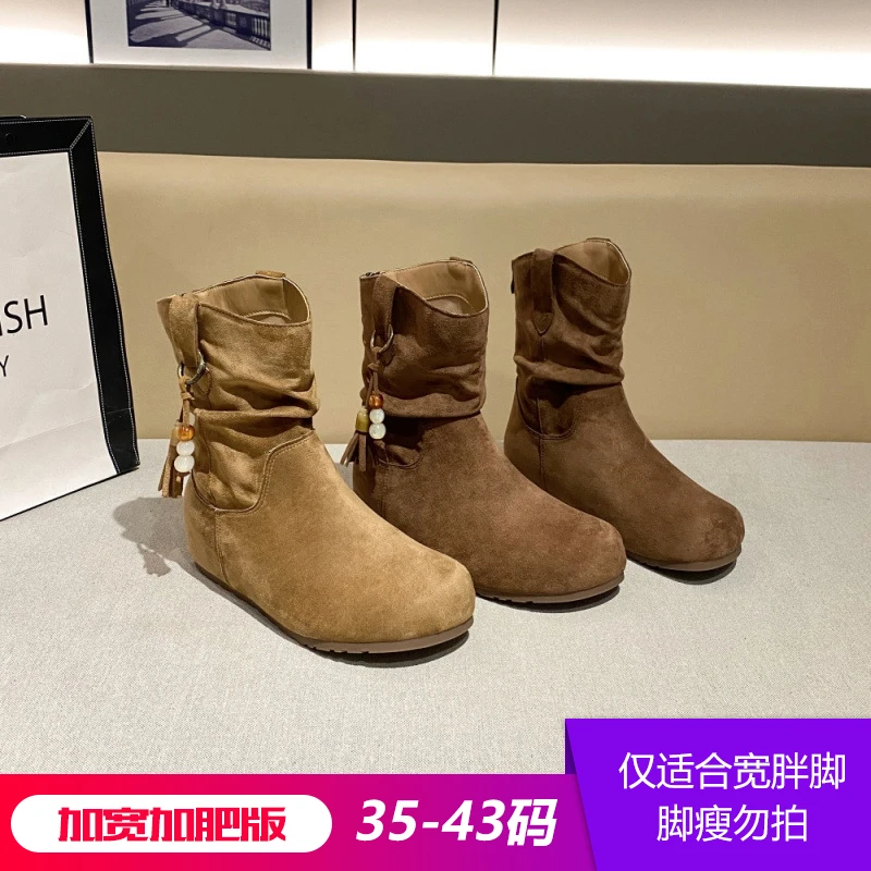 JS56607胖脚加宽加肥大码女鞋【勃肯流苏堆堆靴】美拉德复古短靴