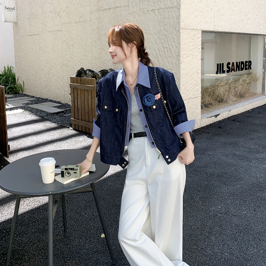 蓝色设计感撞色衬衫领短款外套女2025春秋新款韩系小香风时髦夹克