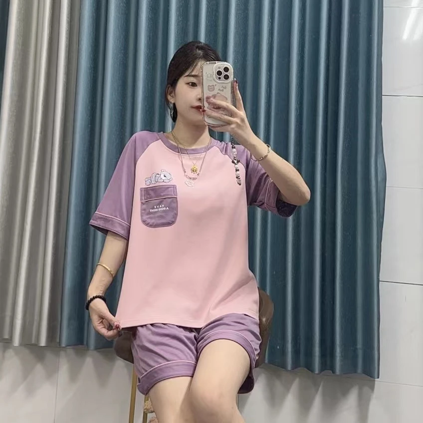 紫色小熊短袖短裤休闲可外穿家居服两件套