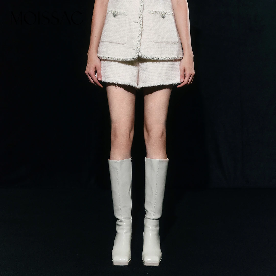 MOISSAC摩萨克2023冬绵羊毛A型法式粗花呢镶边拼接短裤女