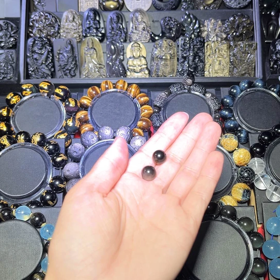 黑曜岩未镶嵌手串沉*金曜石猫眼单颗10m➕银曜石10m单颗