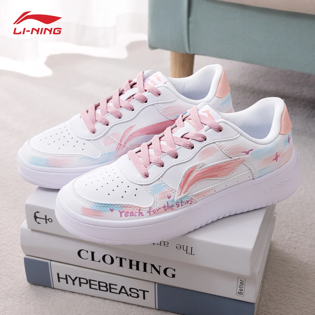 李宁浮舟定制板鞋女鞋 粉雾 秋新款个性手绘喷绘潮鞋学生运动鞋