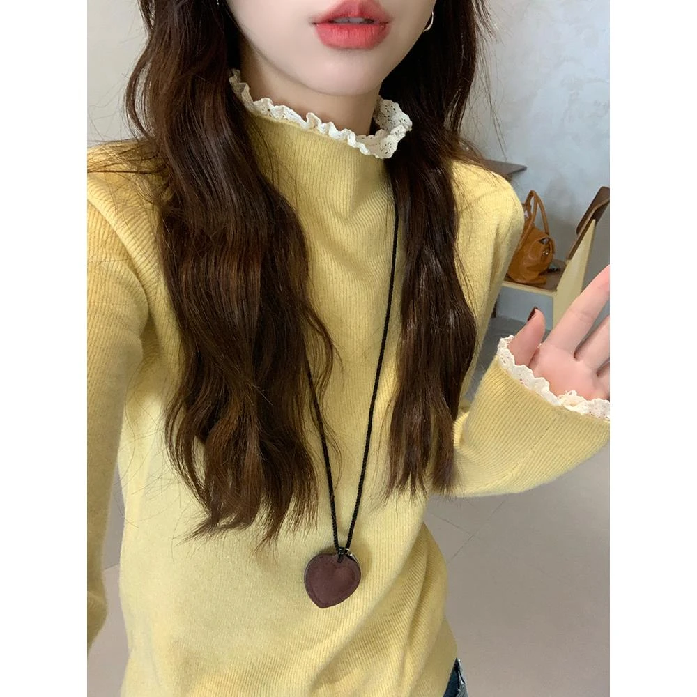 黄色蕾丝花边半高领针织打底衫女秋冬设计感气质显瘦长袖内搭上衣