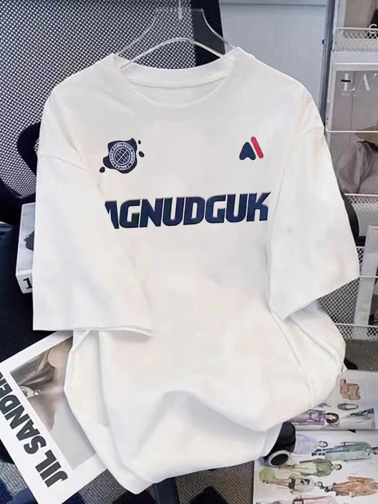 AG地球圆领100%纯棉夏季字母印花短袖舒适男女同款情侣学院风T恤