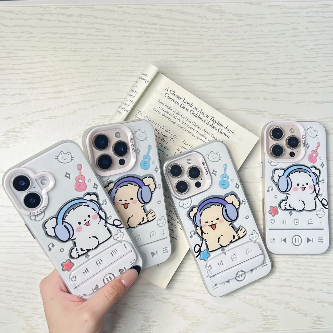 灏吉象情侣听音乐线条小猫小狗适用苹果16彩银手机壳vivo华为oppo