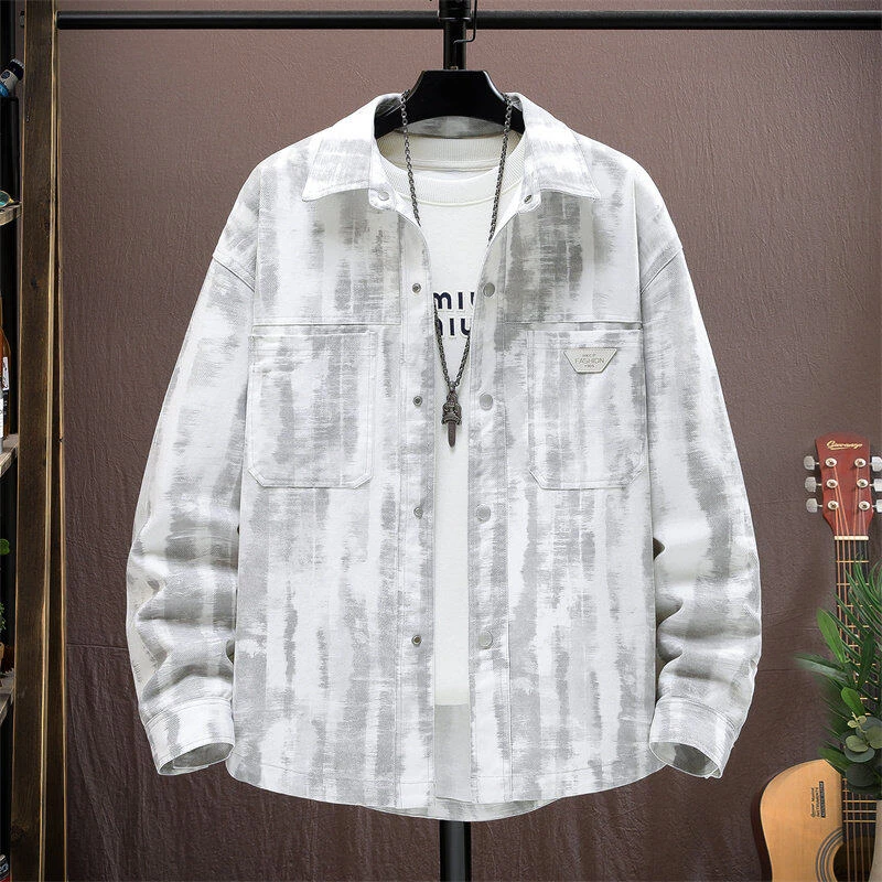 春季欧洲站潮牌男士长袖棉质条纹衬衣宽松休闲印花港风外套潮8528