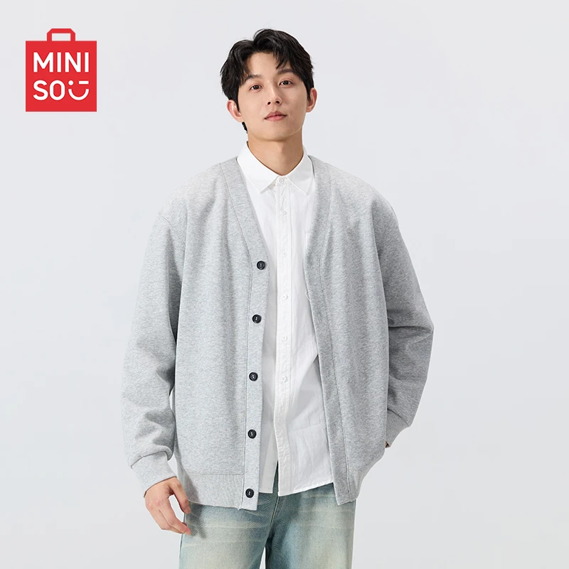 MINISO名创优品麻灰简约V领开衫卫男秋季高克重休闲百搭上衣外套