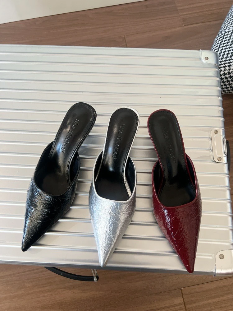 2025新款春季拖鞋女时尚气质欧美风浅口尖头高跟包头半拖鞋女细跟