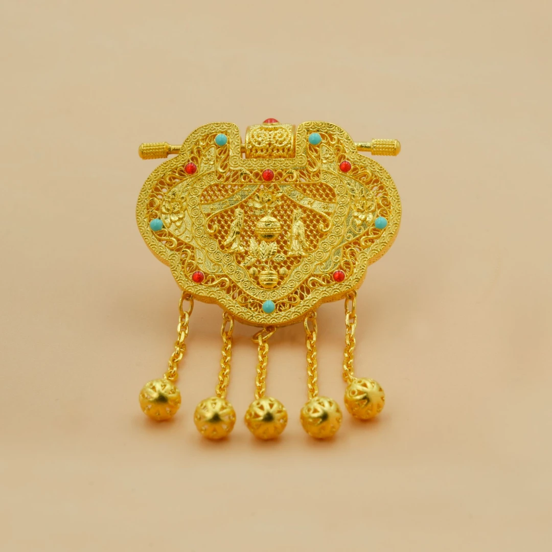 足金999天子门生珐琅锁包吊坠花丝国风非遗老庙古韵黄金吊坠