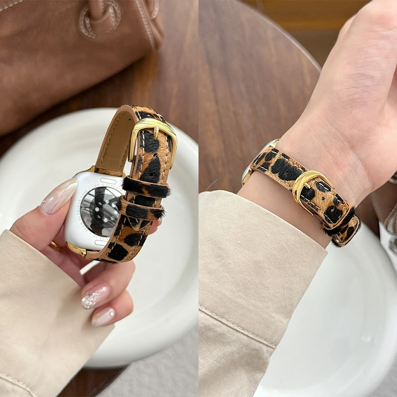适用苹果手表iwatchS10表带创意S9女SE细款Ultra豹纹S8真皮S7小众
