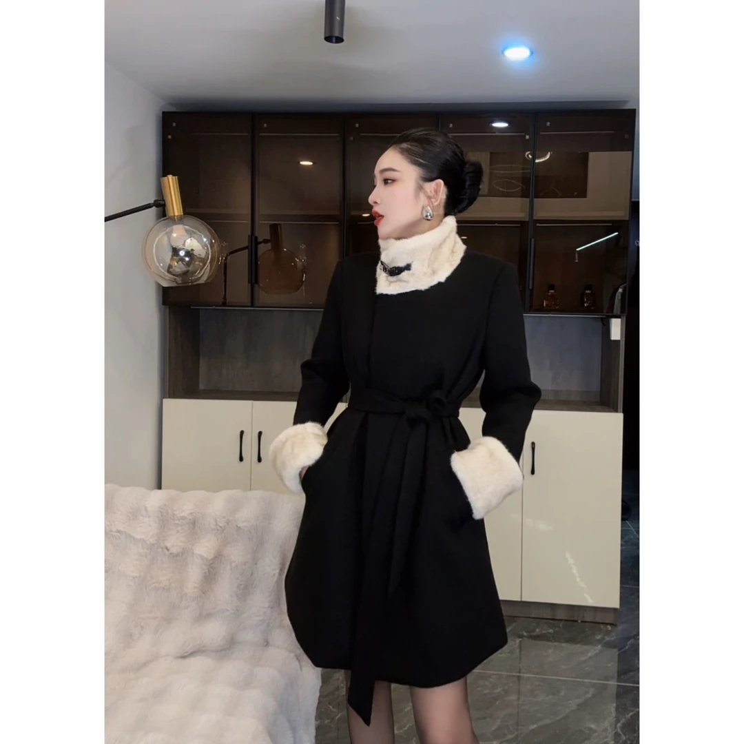 外套女款爆款2025新款侧门禁吸铁石无扣显瘦加棉中长款大衣80093