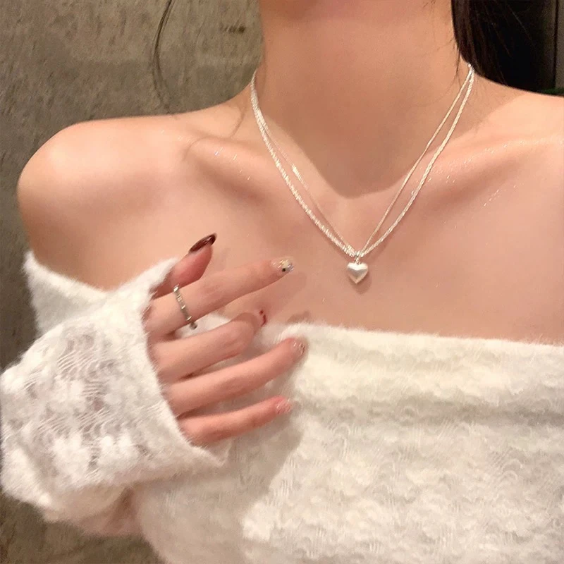 铜合金吊坠 双层拉丝爱心吊坠项链女高级感轻奢精致百搭锁骨链