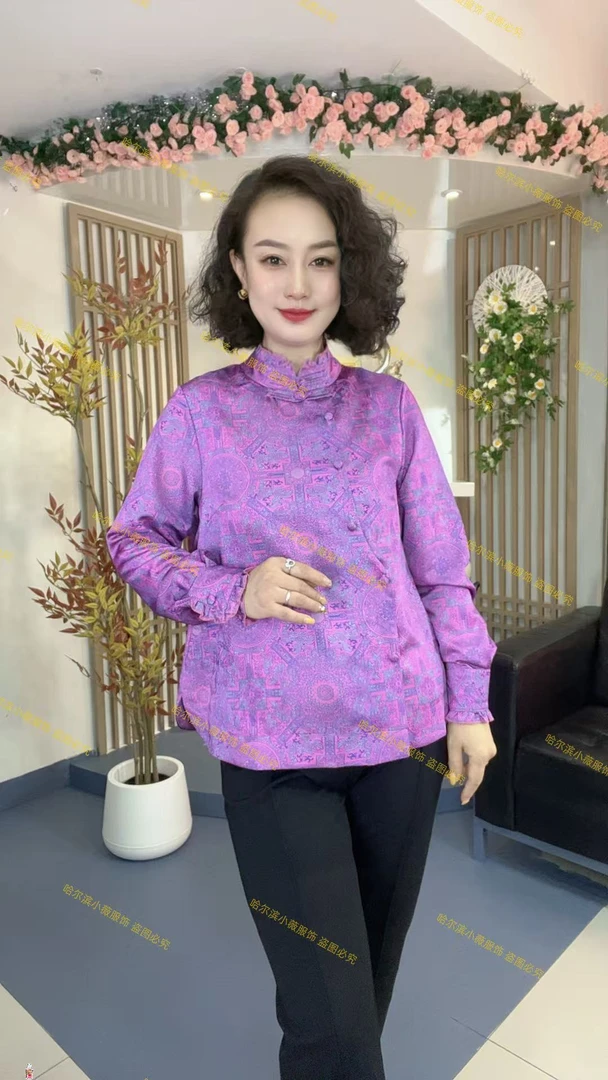 新中式国风时尚高级感盘扣立领彩花气质减龄斜扣衬衫K5286