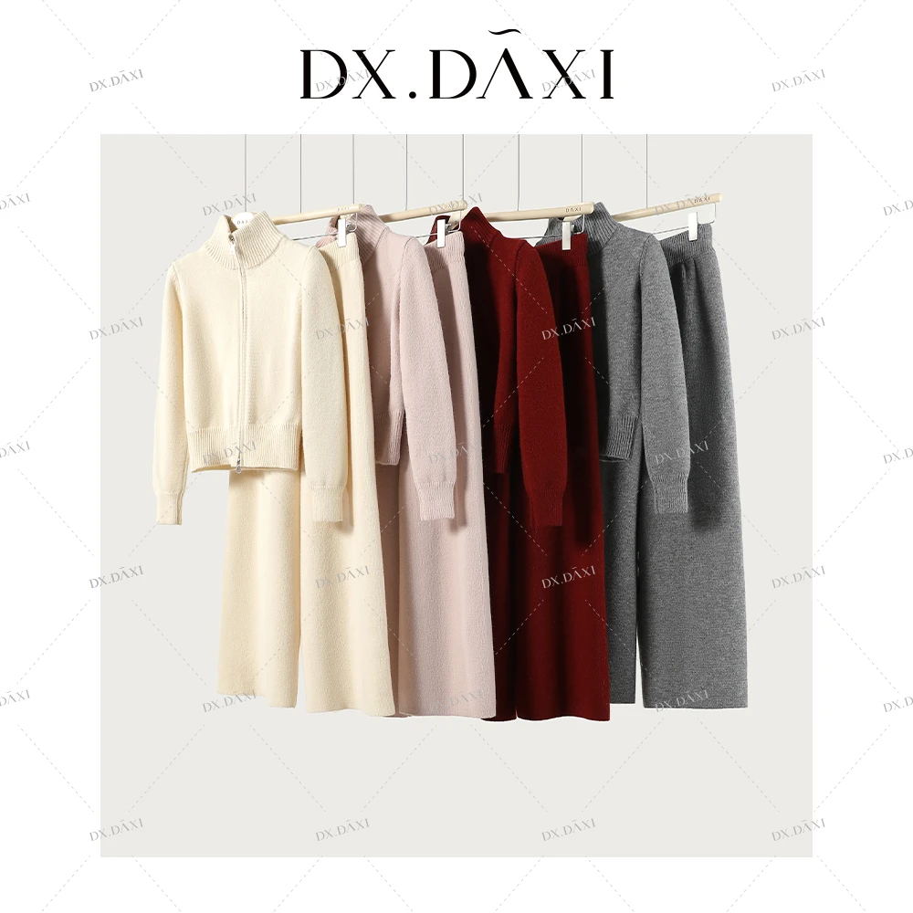 DX.DAXI【 冬日韩女】半高领拉链修身时尚毛衣裤子两件套套装