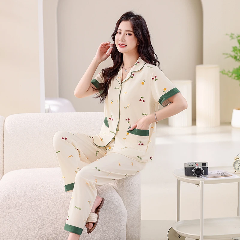 【小樱桃短袖长裤】睡衣女棉质短袖长裤春夏秋季休闲大码家居服套装