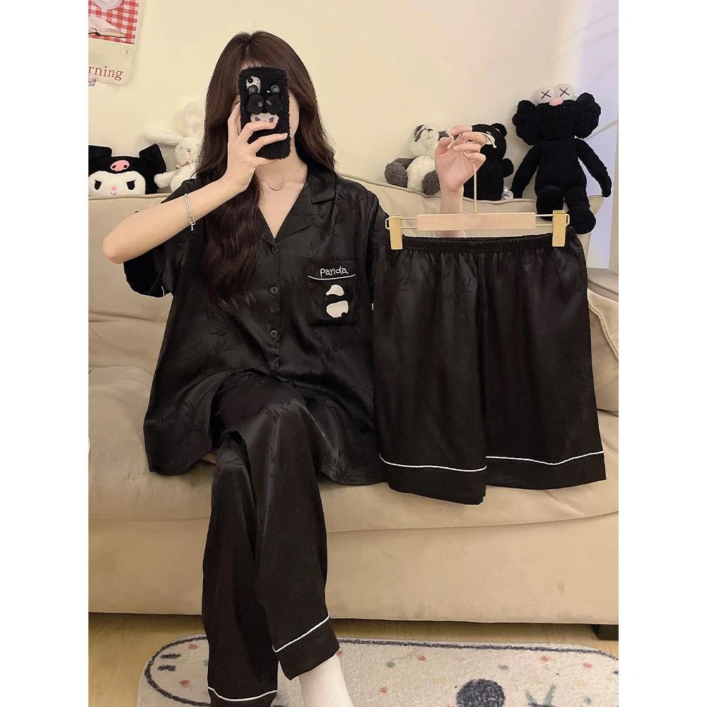 高级感黑色熊猫睡衣女士春秋季冰丝短袖长裤三件套薄款家居服夏天