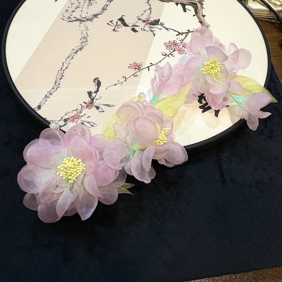 【云鬓花颜阁烫花发夹】雾粉裁春对夹新中式汉服纯手工古风发饰B176