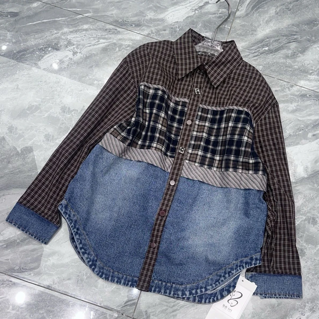 【伊柜精选】南油欧货重工磨毛牛仔拼接长袖设计感百搭宽松衬衫女款