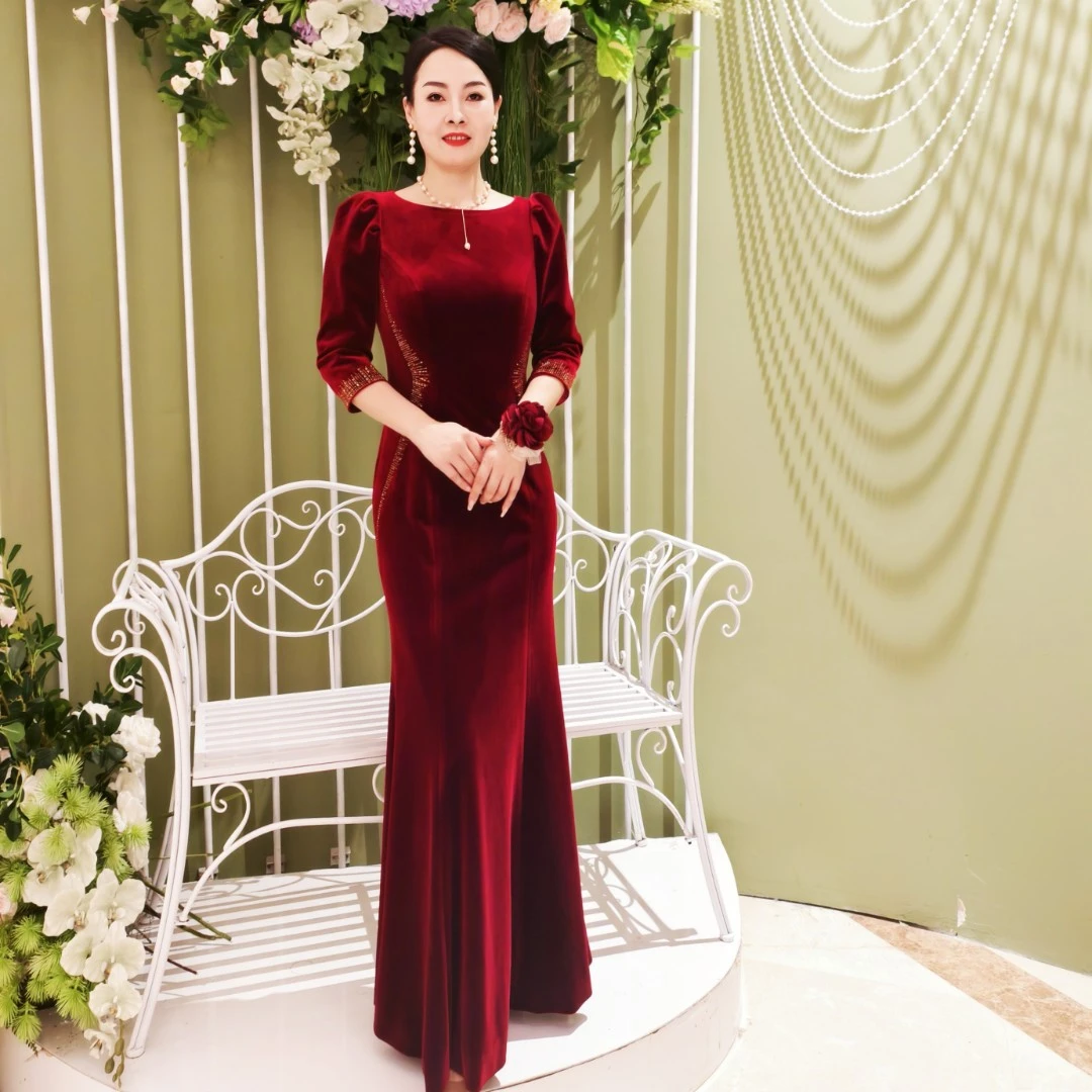 欧妃媛喜婆婆妈妈礼服24012气质丝绒宴会优雅显瘦高贵秋冬鱼尾裙